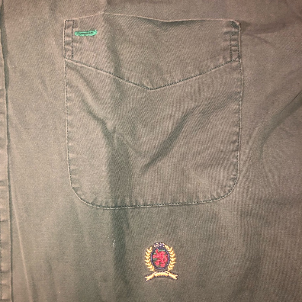 Tommy Hilfiger Button Down Up Mens Size Large Green Dress Work Shirt Logo Shirt - Picture 3 of 12